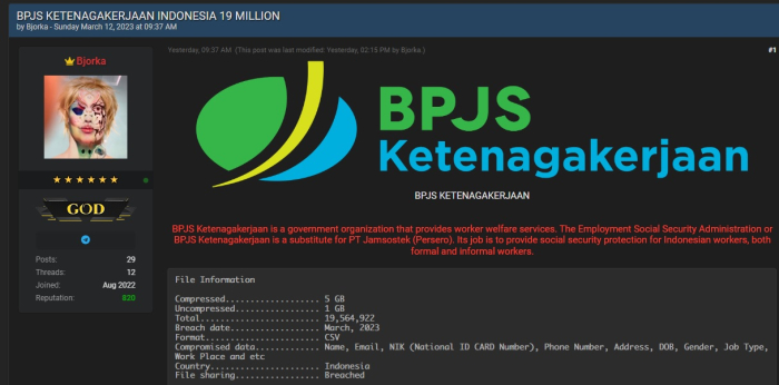 Bjorka Klaim Bobol BPJS Ketenagakerjaan. Bocorkan Sampel Data Pribadi dari Warga Kota Tangerang